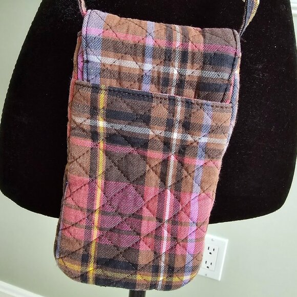 Vera Bradley Carson Cell Phone Crossbody Cozy Plaid Multi & Brown Floral Quilted - Picture 4 of 8